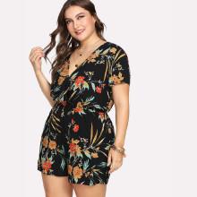 Shein Plus Botanical Print Surplice Wrap Romper