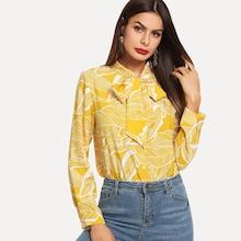 Shein Leaf Print Tie Neck Blouse