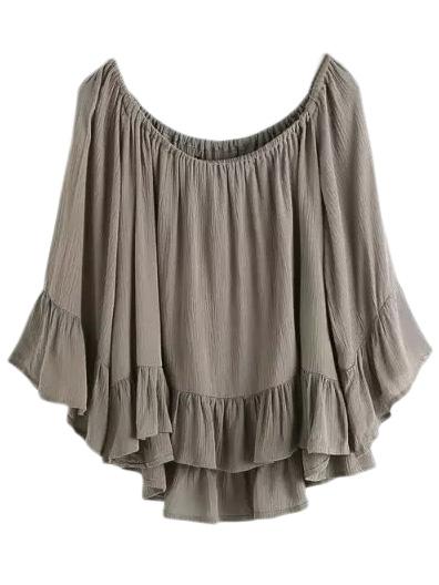 Shein Green Boat Neck Bell Sleeve Ruffle Cotton Hemp Blouse