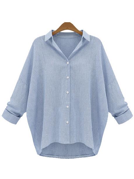 Shein Blue Lapel Long Sleeve Buttons Plus Blouse