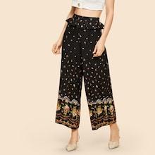 Shein Ruffle Waist Calico Print Palazzo Leg Pants