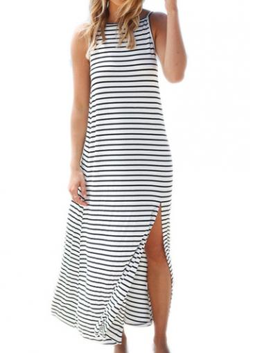 Rosewe Stripe Print Open Back Side Slit Maxi Dress