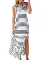 Rosewe Stripe Print Open Back Side Slit Maxi Dress