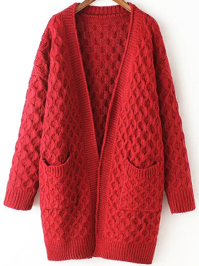 Shein Red Long Sleeve Chunky Pockets Cardigan