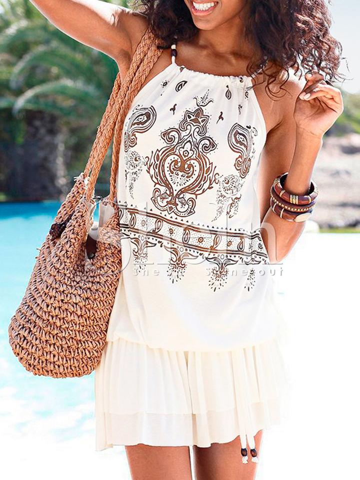 Shein White Beachwear Spaghetti Strap Vintage Print Drop Waist Dress