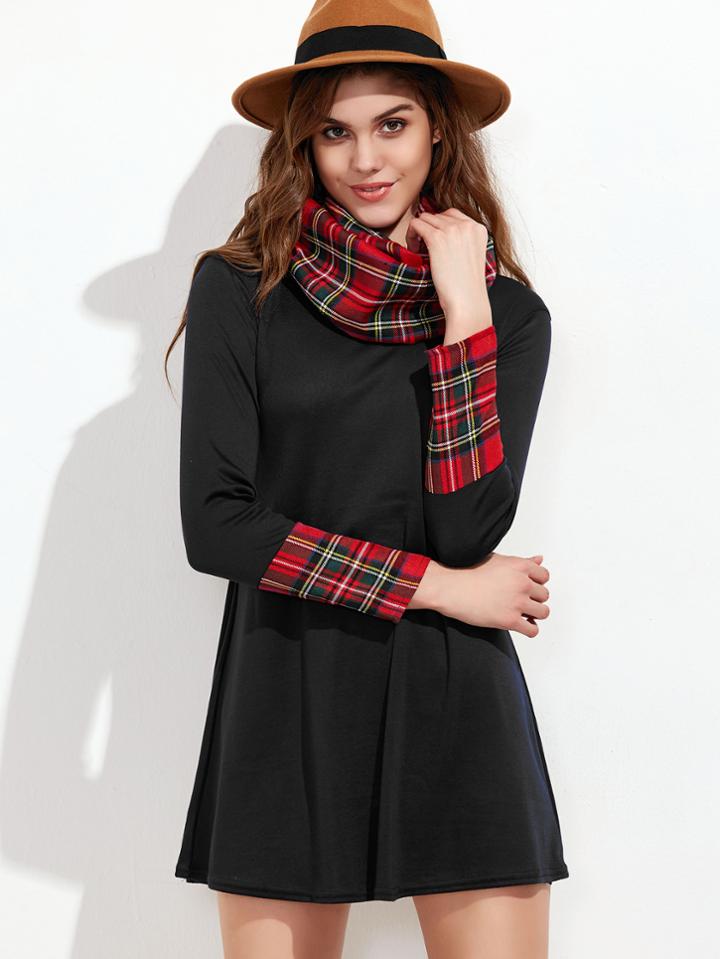 Shein Black Contrast Plaid Cuff Tee Dress With Scarf