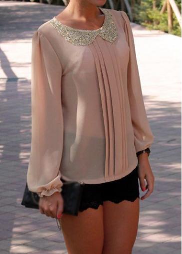 Rosewe Chiffon Apricot Long Sleeve Peter Pan Collar Blouse