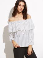 Shein White Vertical Striped Off The Shoulder Ruffle Top