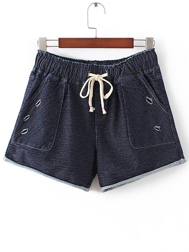 Shein Navy Elastic Waist Turn Up Ripped Shorts