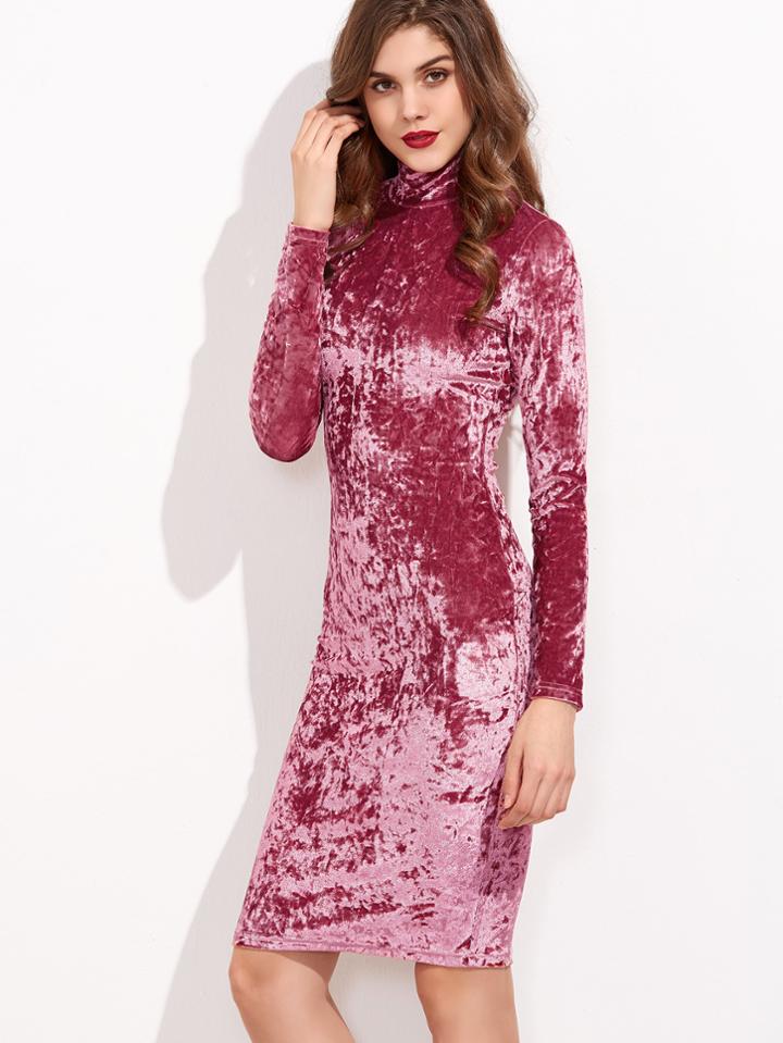 Shein Pink High Neck Long Sleeve Crushed Velvet Pencil Dress