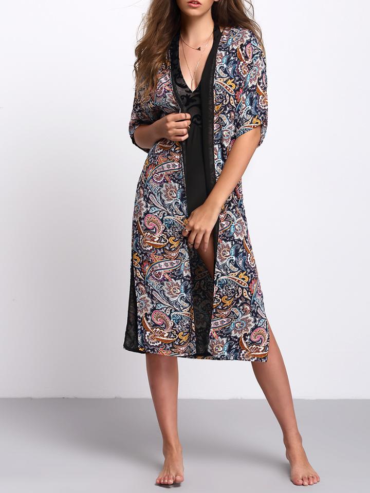 Shein Multicolor V Neck Tribal Print Long Cardigan