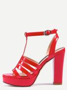 Shein Red Peep Toe T-strap Buckle Platform Chunky Pumps