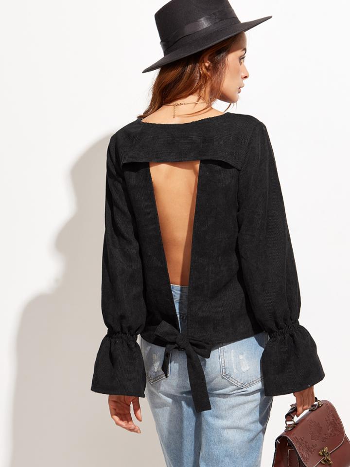 Shein Black Bell Sleeve Open Back Corduroy Blouse