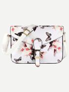 Shein White Flower Print Buckle Strap Flap Bag