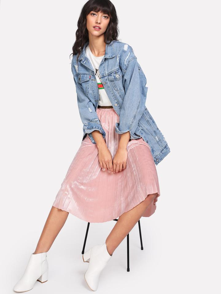 Shein Faded Wash Shredded Longline Denim Jacket