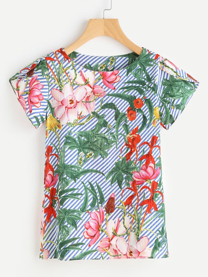 Shein Random Jungle Print Petal Sleeve Striped Blouse
