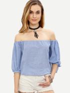 Shein Blue Checkerboard Off The Shoulder Tie Sleeve Blouse