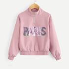 Shein Girls Zip Up Letter Sequin Contrast Jacket