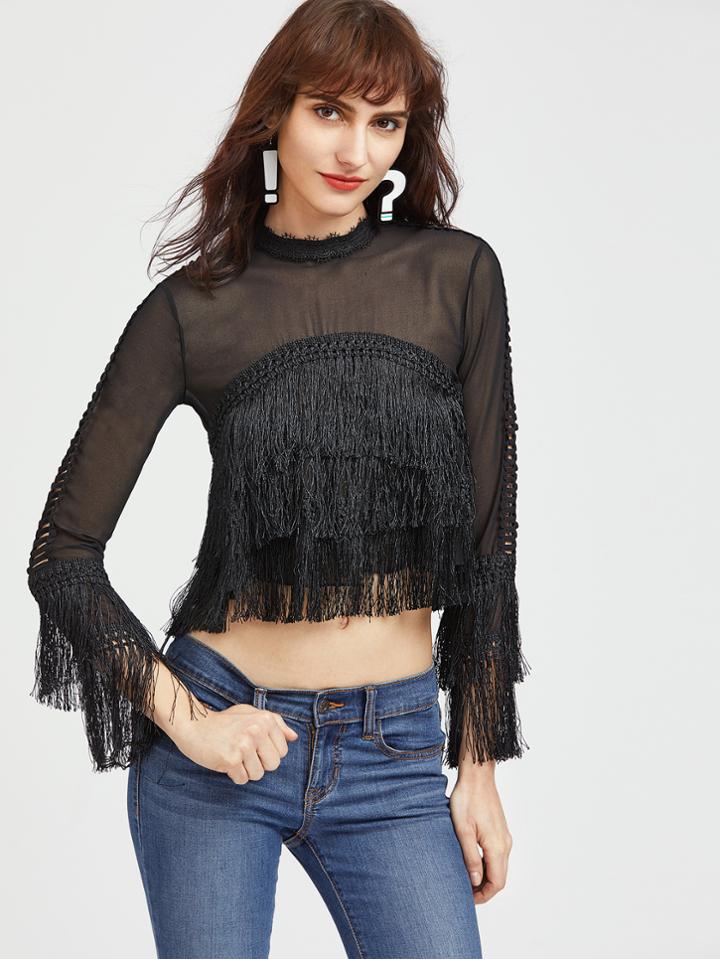 Shein Crochet Insert Fringe Hem Sheer Mesh Top