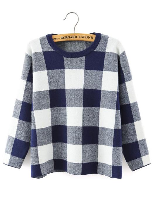 Shein Blue White Round Neck Plaid Crop Knitwear