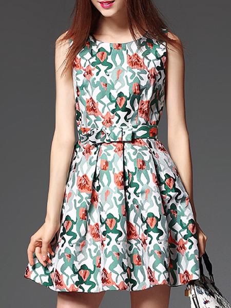 Shein Green Backless Bow-waist Jacquard A-line Dress
