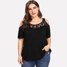 Shein Plus Lace Insert Open Shoulder Tee