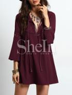 Shein Burgundy Bell Sleeve Lace Splicing Shift Dress