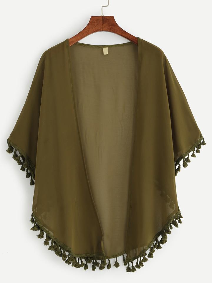 Shein Olive Green Tassel Trimmed Chiffon Top