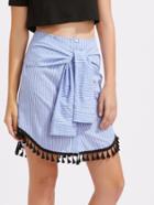 Shein Tasseled Curved Hem Sleeve Tie Front Pinstripe Skirt