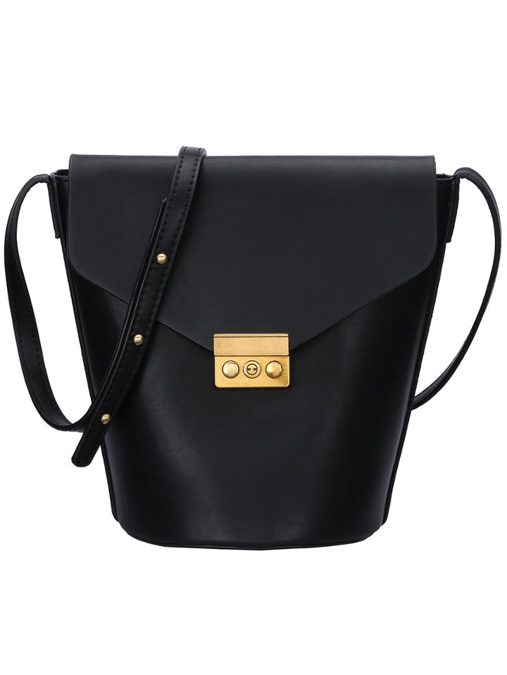 Shein Black Push Lock Flap Over Bucket Bag