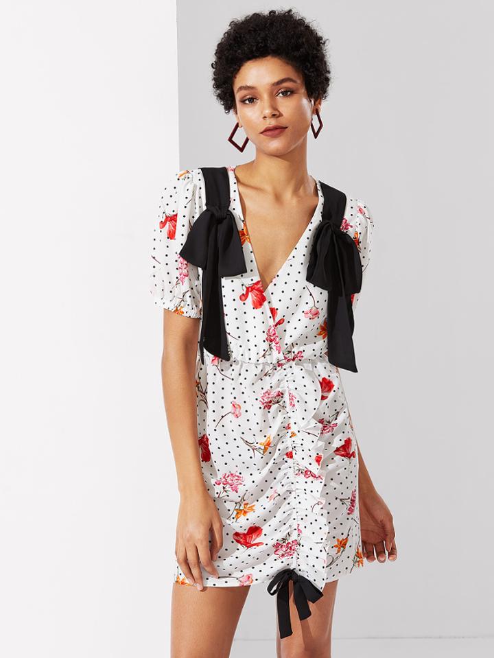 Shein Contrast Bow Detail Mixed Print Wrap Dress