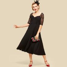 Shein Button Detail Lace Sleeve Dress