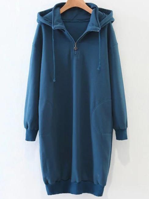 Shein Blue Zipper Detail Hooded Sweatshirt Dress