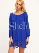 Shein Blue Boat Neck Pleated Hollow Shift Dress