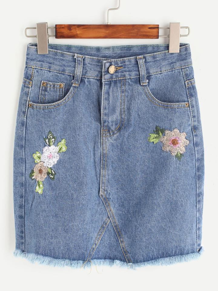 Shein Blue Flower Embroidered Raw Hem Denim Skirt