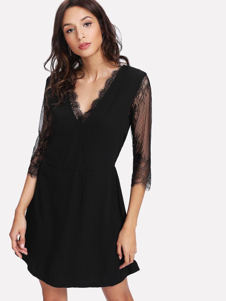 Shein Eyelash Lace Trim Fit & Flare Dress