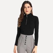 Shein High Neck Zip Detail Solid Tee