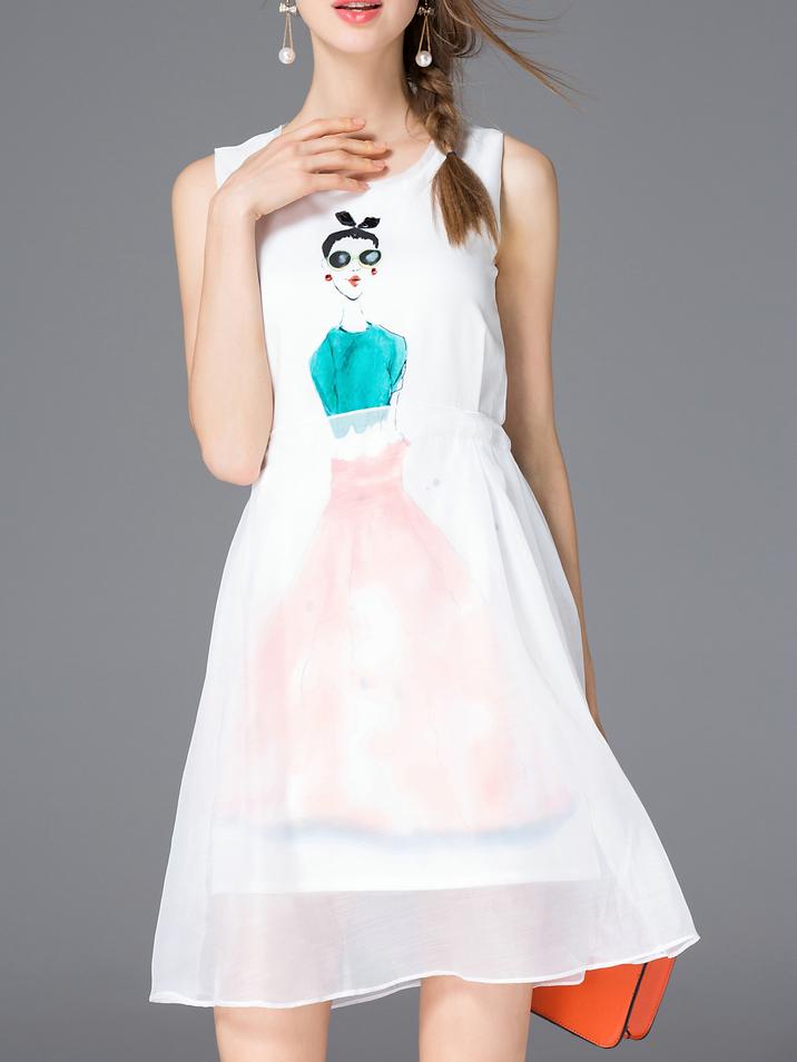 Shein White Character Printing Combo Dress