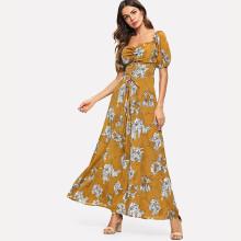 Shein Lace-up Front Sweetheart Neck Floral Dress