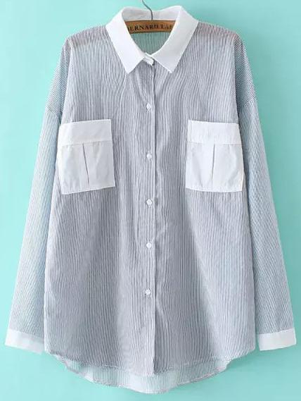 Shein Navy White Vertical Stripe Pockets Blouse