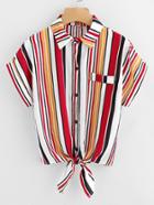 Shein Multi-stripe Knotted Hem Cuffed Shirt