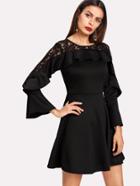 Shein Fluted Sleeve Ruffle Trim Lace Panel Dress