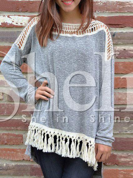 Shein Grey Hollow Out Contrast Fringe Hem T-shirt