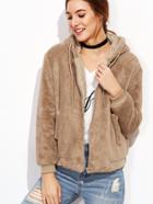 Shein Brown Bear Patch Drawstring Hooded Fuzzy Coat