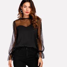 Shein Pearl Beading Mesh Panel Blouse