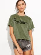 Shein Green Velvet Letter Print T-shirt