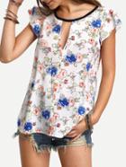 Shein Floral Print In White Cap Sleeve Blouse