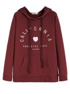 Shein Maroon Letter Print Pocket Hooded Sweatshirt