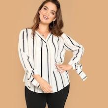 Shein Plus Knot Cuff Curved Hem Striped Blouse