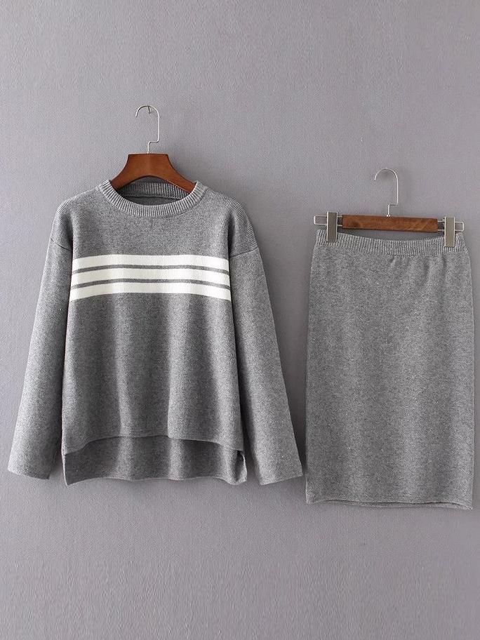 Shein Grey Striped High Low Sweater With Skirt